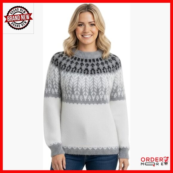 Alpaca Wool Pullover Sweater Fair Isle Knit Crew Neck Long Sleeve